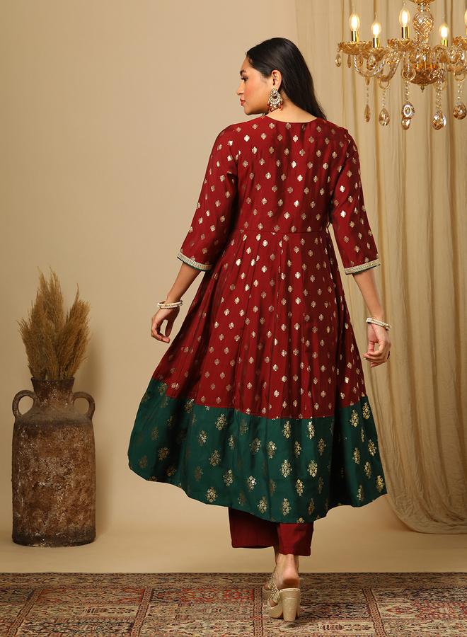 globus Women Maroon Gold Foil Print Anarkali Kurta and Elasticated Pants Set - Image 2